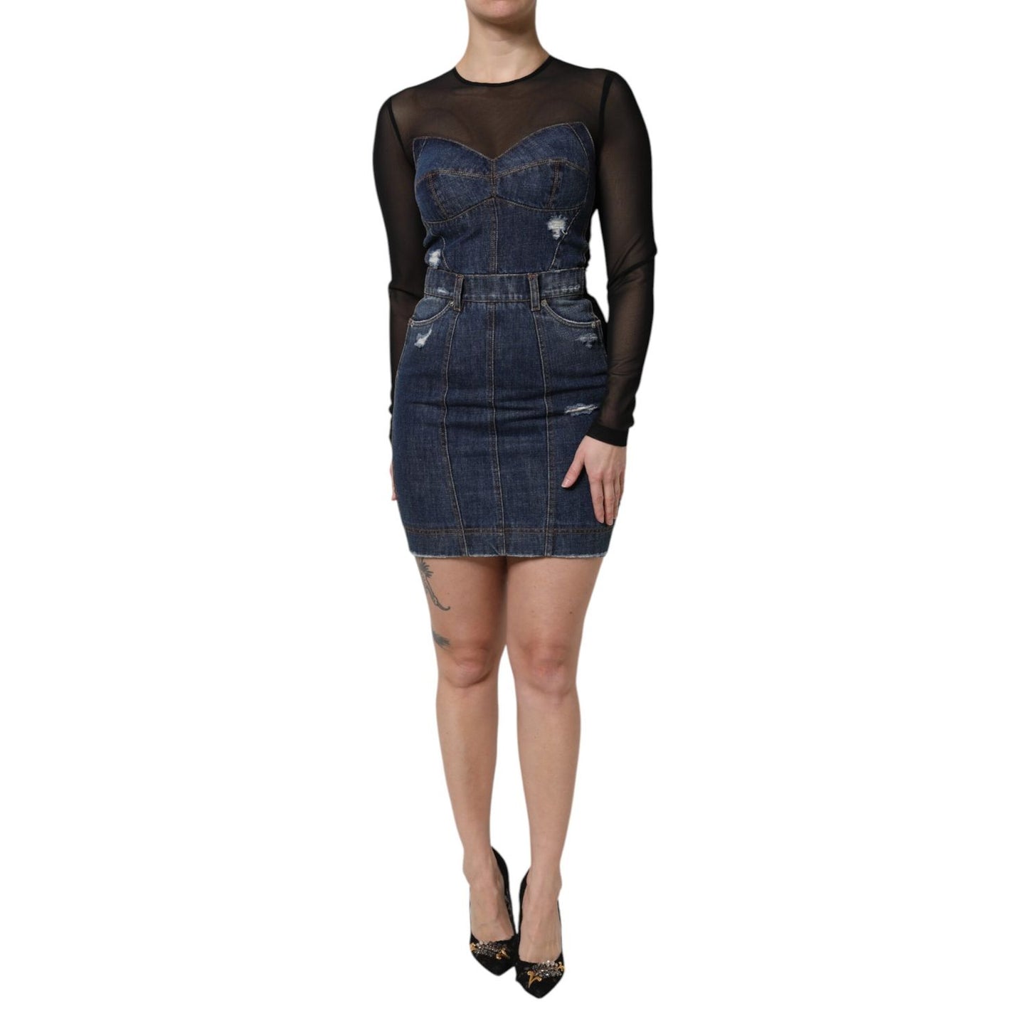 Dolce & Gabbana Black Blue Long Sleeves Denim Mini Dress
