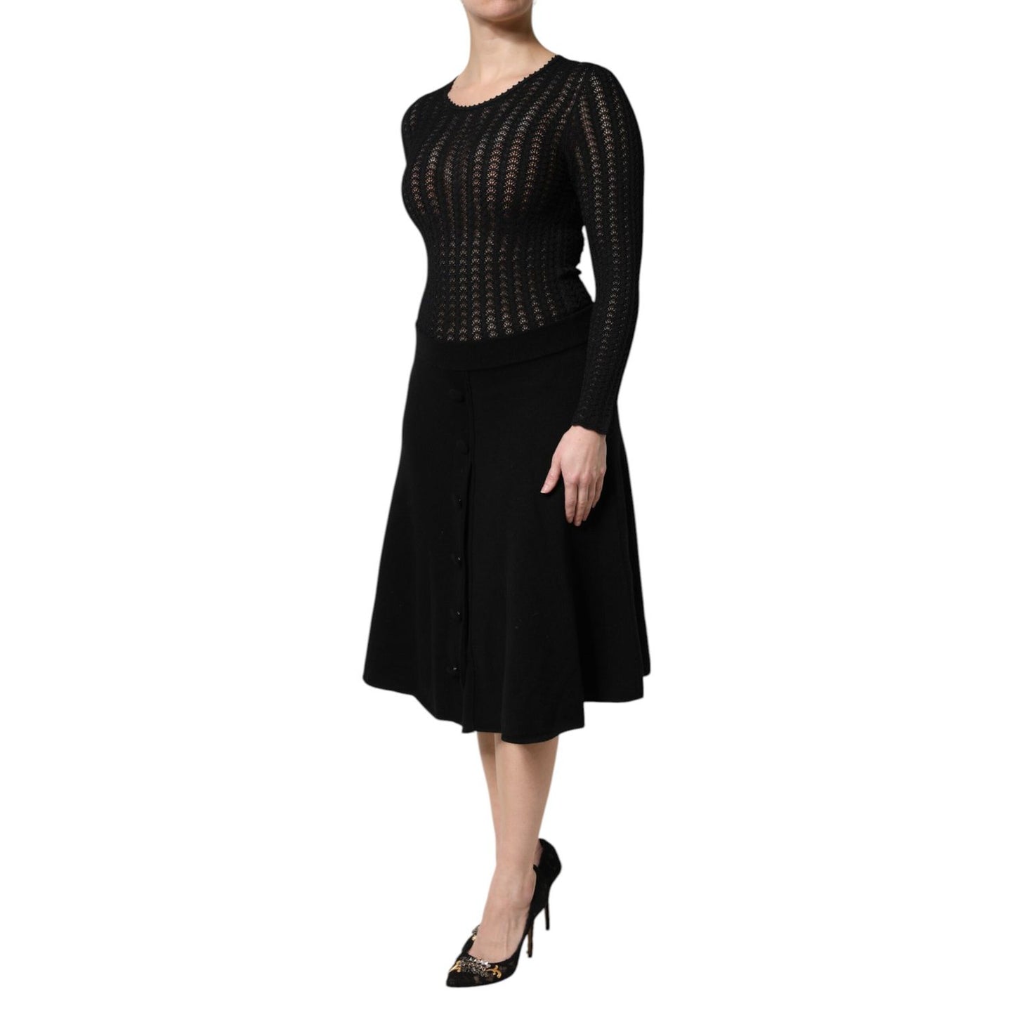 Dolce & Gabbana Black Cashmere Long Sleeves A-line Midi Dress