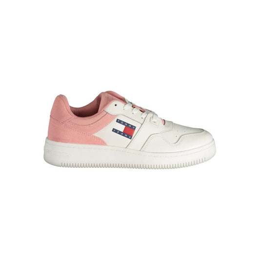 Tommy Hilfiger pink polyester sneaker with laces, contrast details, and logo, perfect sports footwear for stylish comfort.