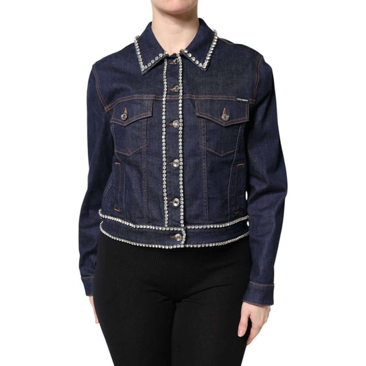 Dolce & Gabbana blue denim jacket with crystal embellishments, long sleeves, button down, regular fit, high craftsmanship.