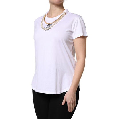 Dolce & Gabbana White Chain Pearl Cotton Round Neck T-shirt