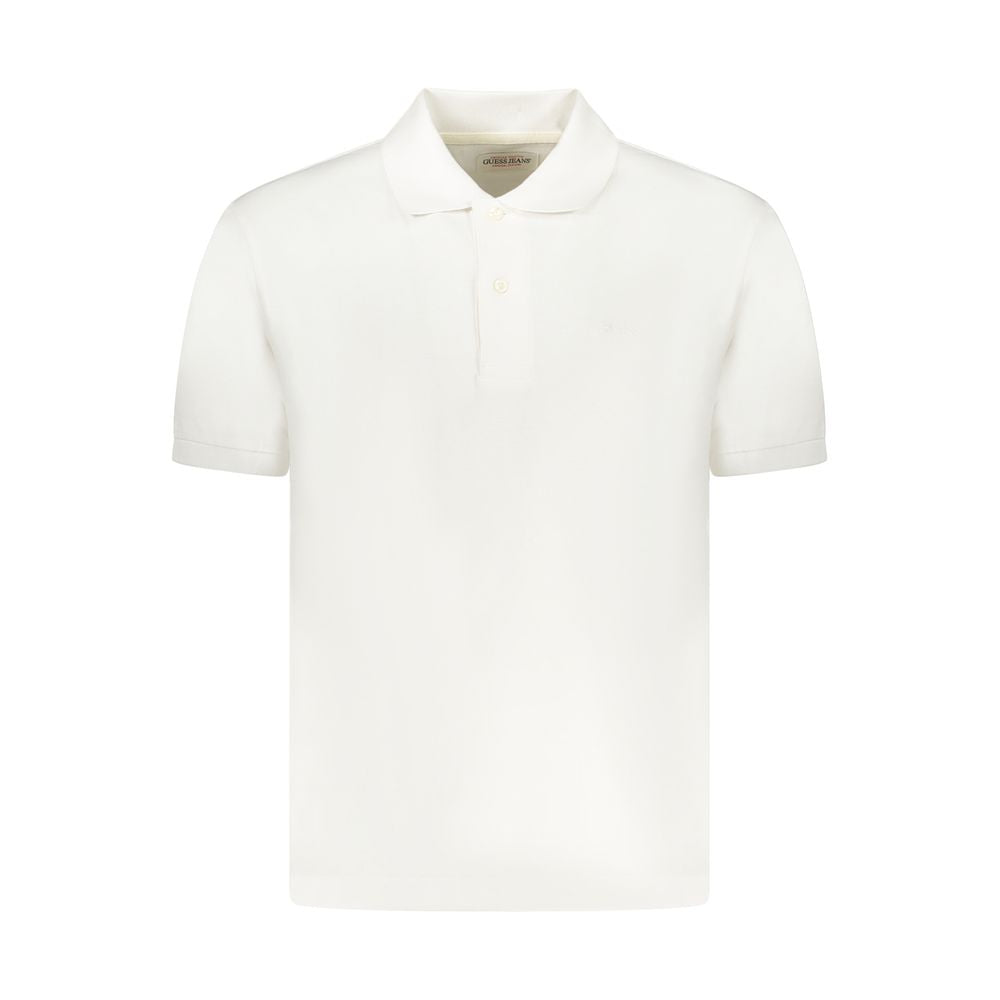 Guess Jeans White Cotton Men Polo Shirt with classic short sleeves and two-button placket, featuring Guess embroidery for a stylish look.