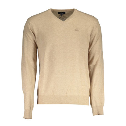 La Martina Beige Wool Men Sweater with V-neck and subtle embroidery showcasing timeless elegance and understated luxury.