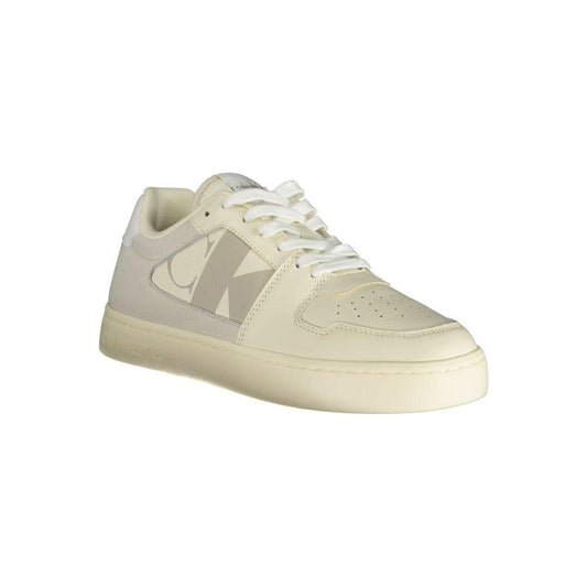 Calvin Klein white polyethylene men's sneaker with dove grey details, removable insole, and iconic logo for contemporary style and comfort.