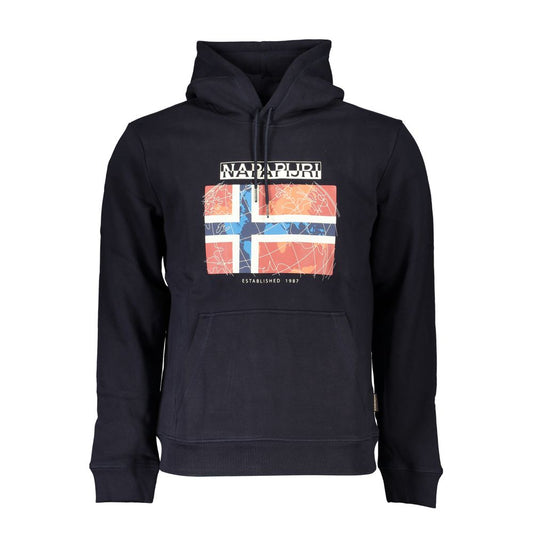 Napapijri blue cotton men's sweater with bold logo and central pocket, featuring long sleeves, crafted from warm fleece for comfort.
