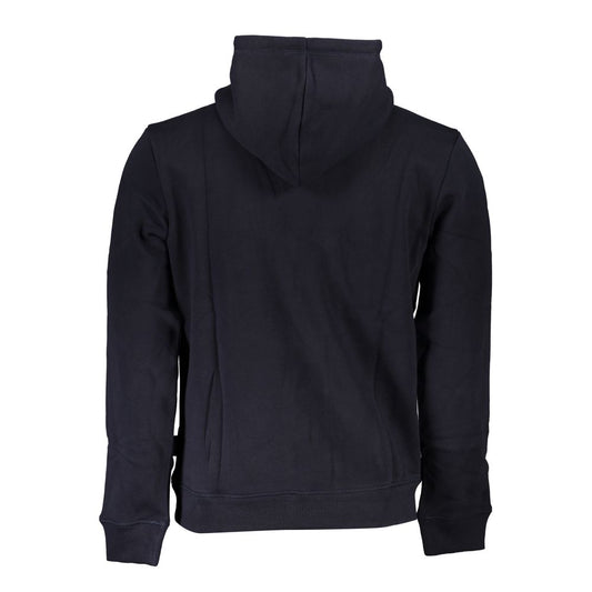 Back view of Napapijri blue cotton men's sweater showcasing hoodie and long sleeves, ideal for comfort and style.