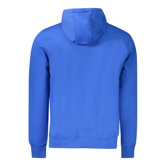 Back view of North Sails Blue Cotton Men Sweater with a hood, showcasing cozy long sleeves and brushed texture for comfort and style.