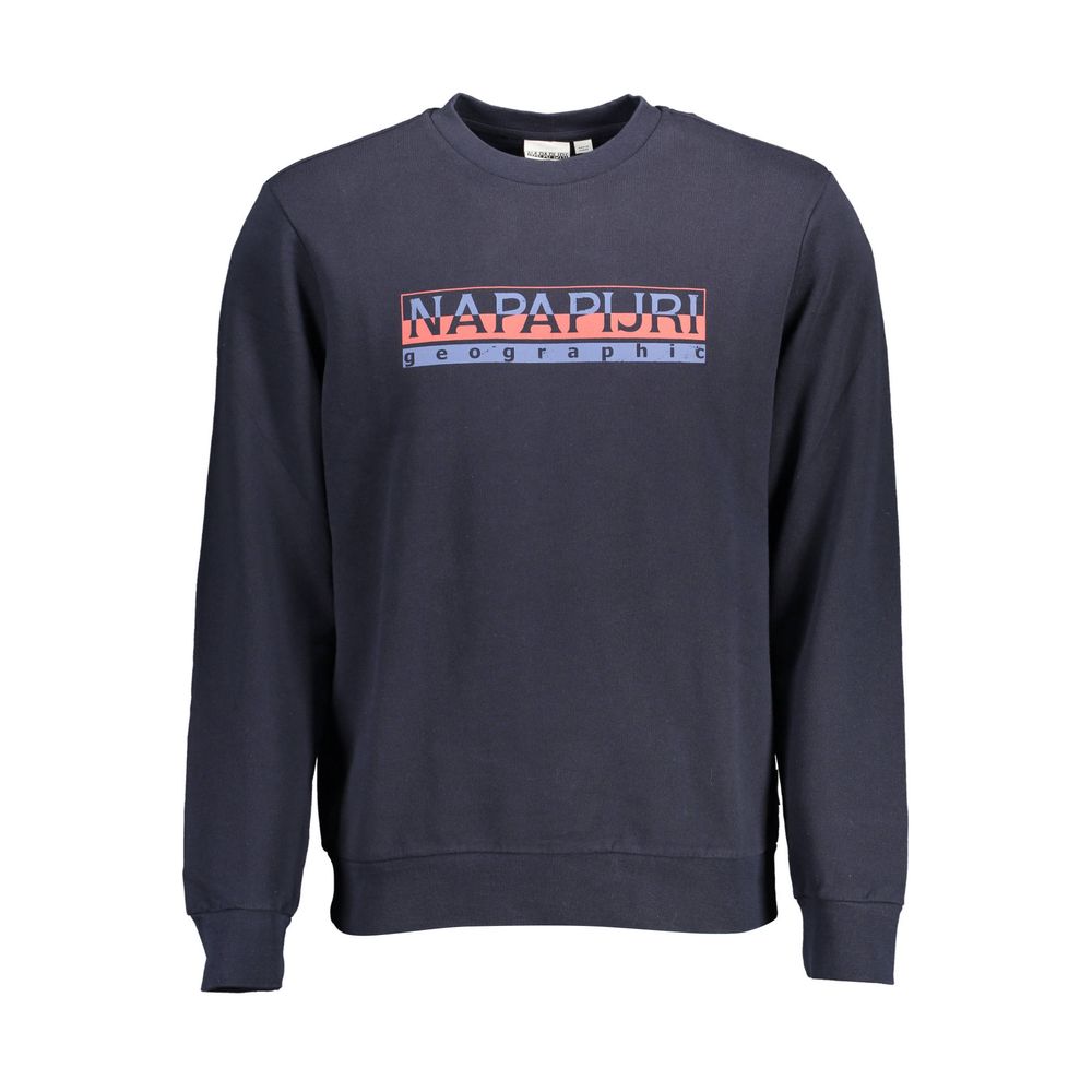 Napapijri Blue Cotton Men Sweater with logo print, crew neck design, long-sleeve, high-quality cotton material for casual luxury and comfort.