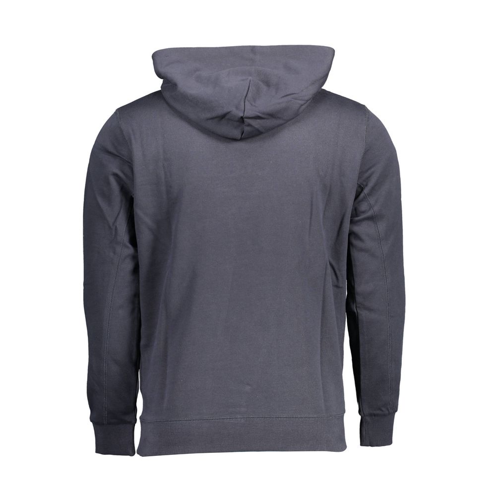 Back view of U.S. POLO ASSN. Blue Cotton Men Sweater, showcasing hoodie design with bold contrast details.