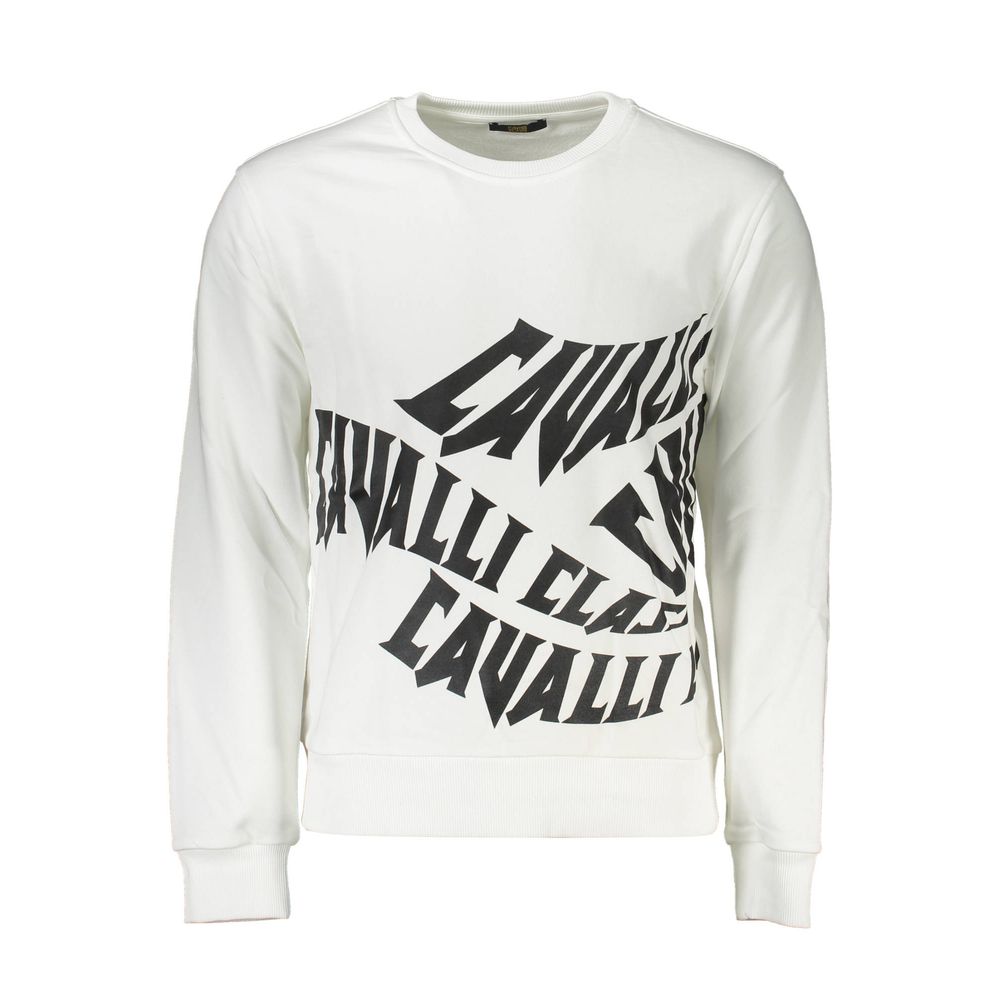 Cavalli Class White Cotton Men Sweater with bold logo print, long sleeves, crew neck, perfect for urban adventures and exclusive events.
