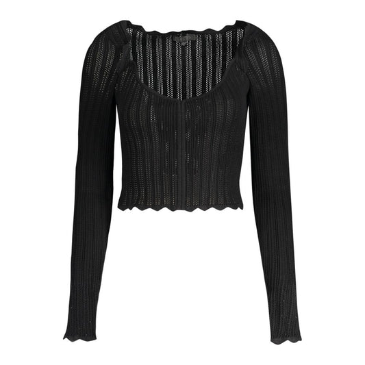 Guess Jeans Black Viscose Women Sweater with V-neck and long sleeves, featuring bold contrasting details and iconic logo for timeless style.
