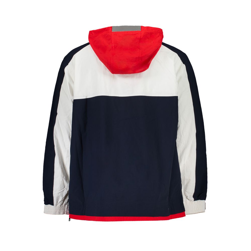 Back view of Tommy Hilfiger Blue Polyamide Men Jacket with red hood and contrast details.