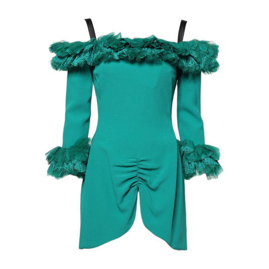 Dolce & Gabbana Green Lace Off Shoulder Sheath Mini Dress