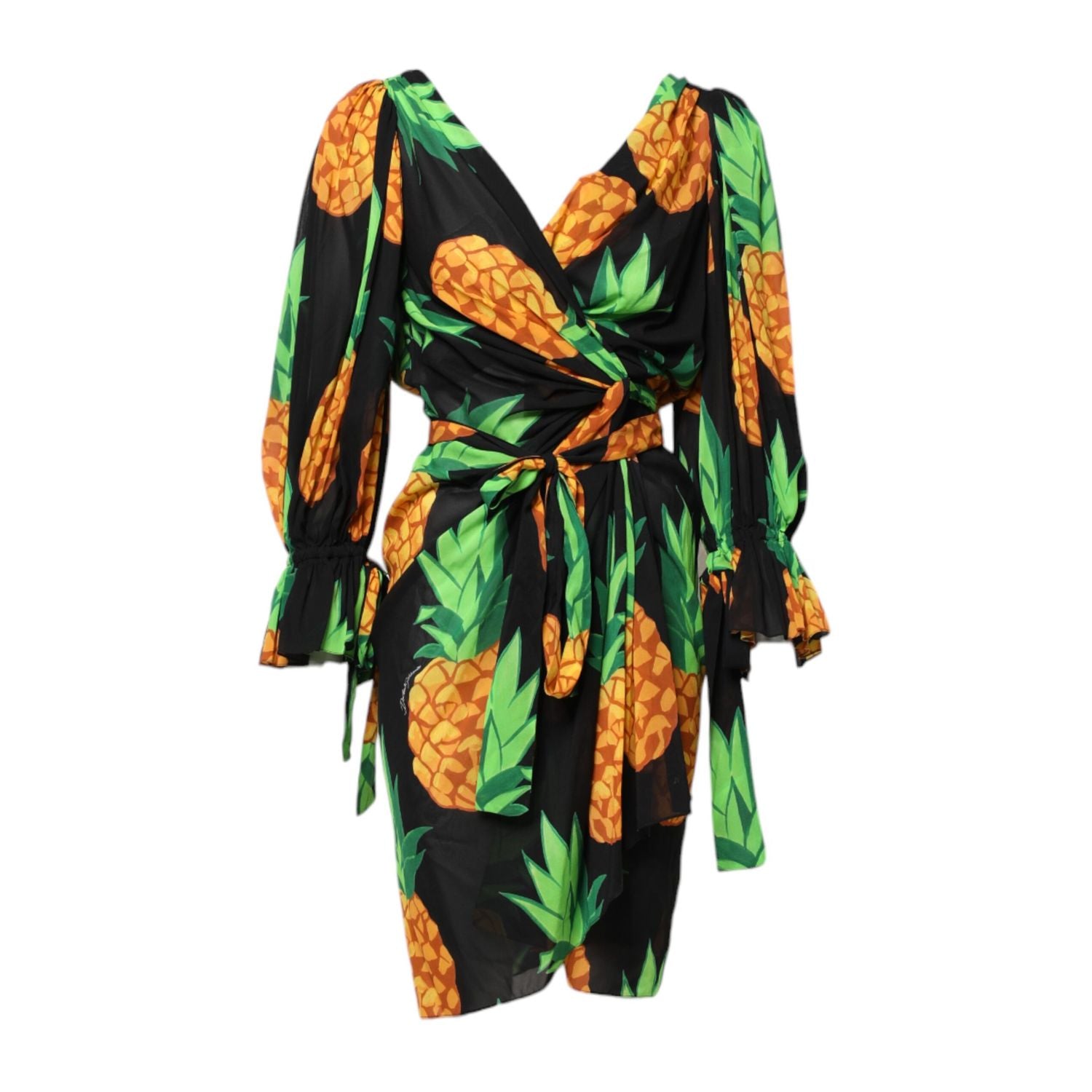 Dolce & Gabbana Black Pineapple Print Silk Wrap Mini Dress