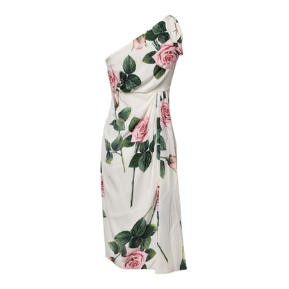 Dolce & Gabbana White Floral One Shoulder Sheath Midi Dress