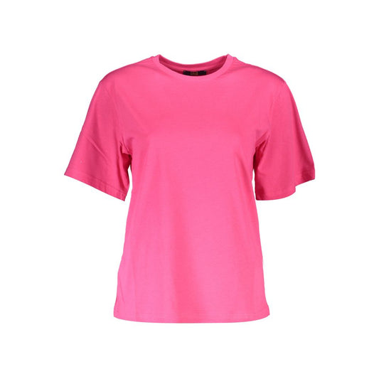 Cavalli Class Pink Cotton Women T-Shirt with stylish print and logo, showcasing slim-fit design for a fashion-forward look.