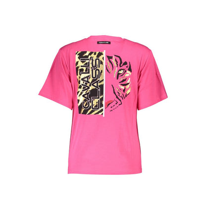 Cavalli Class Pink Cotton Women T-Shirt with stylish print and logo, slim-fit, fashion-forward design, crafted from luxe cotton.
