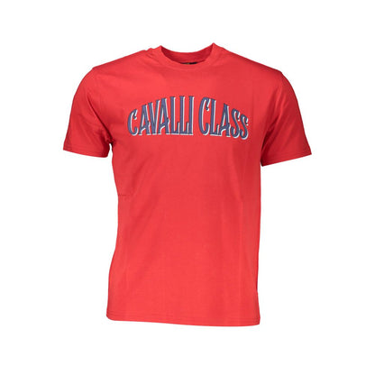 Cavalli Class Red Cotton Men T-Shirt with logo and print, crafted from superior cotton for a stylish casual look.