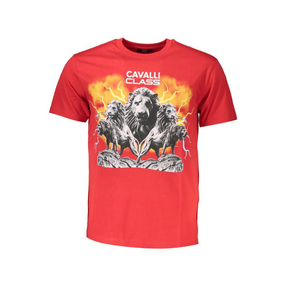 Cavalli Class Red Cotton Men T-Shirt with bold print and iconic logo, short sleeve, crew neck, premium cotton, fashion-forward style.