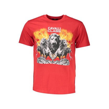Cavalli Class Red Cotton Men T-Shirt with bold print and iconic logo, short sleeve, crew neck, premium cotton, fashion-forward style.