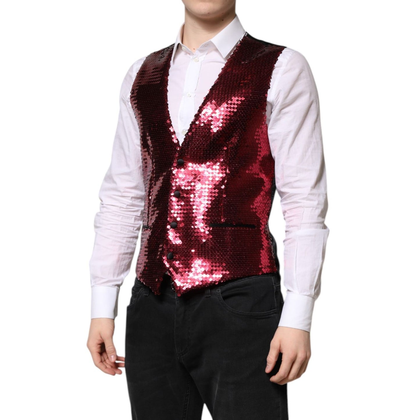 Dolce & Gabbana Red Sequined Dress Formal Men Waistcoat Vest