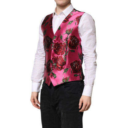 Dolce & Gabbana Pink Floral Satin Formal Men Waistcoat Vest