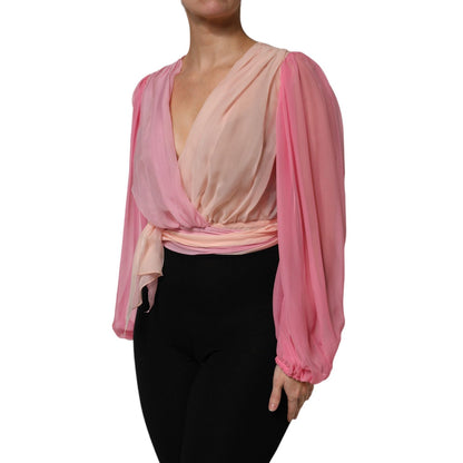 Dolce & Gabbana Pink Plunging V-neck Long Sleeves Blouse Top