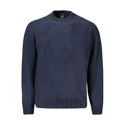 Hugo Boss Blue Cotton Men Sweater with chenille texture, showcasing luxury and comfort for stylish everyday or evening wear.