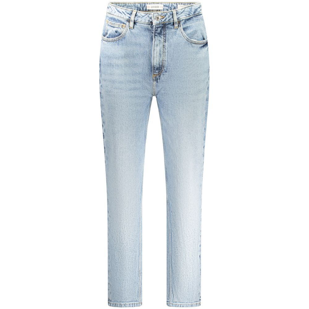 Guess Jeans Blue Cotton Women Jeans - High-waisted Mom jeans with washed effect and iconic logo, perfect blend of vintage and modern style.