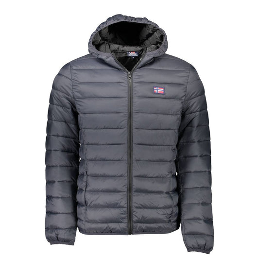 Norway 1963 Black Polyamide Men Jacket with hood and logo detail, featuring four pockets and zip closure, perfect for outdoor style.