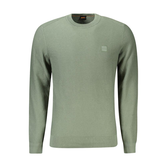Hugo Boss Green Cotton Men Sweater with crew neck and logo, offering style and comfort for trendsetters who value sophistication.