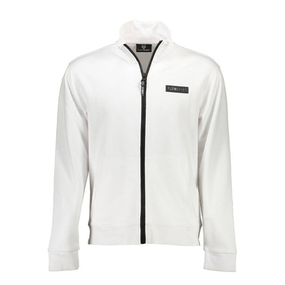Plein Sport White Cotton Men Sweater with bold details and logo print, featuring zip closure and dual pockets for stylish functionality.