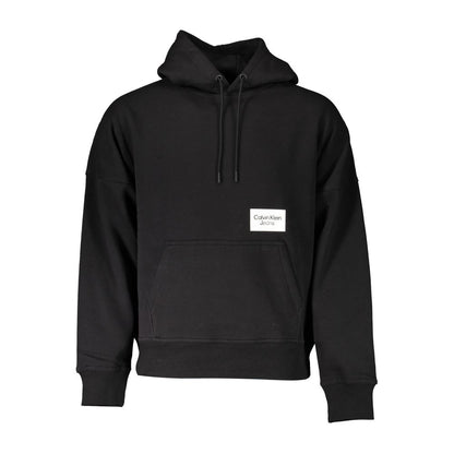 Calvin Klein Black Cotton Men Sweater with hood and logo, featuring central pocket, ideal for modern off-duty style.