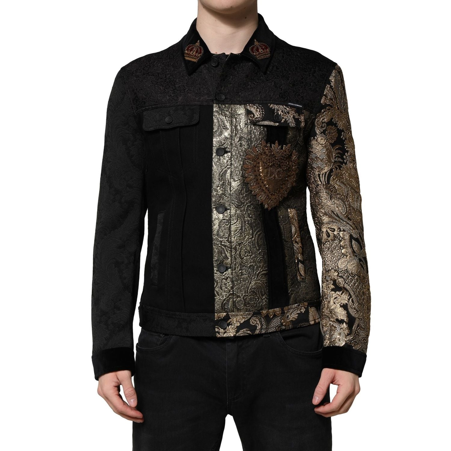 Dolce & Gabbana Black Gold Floral Jacquard Men Biker Jacket