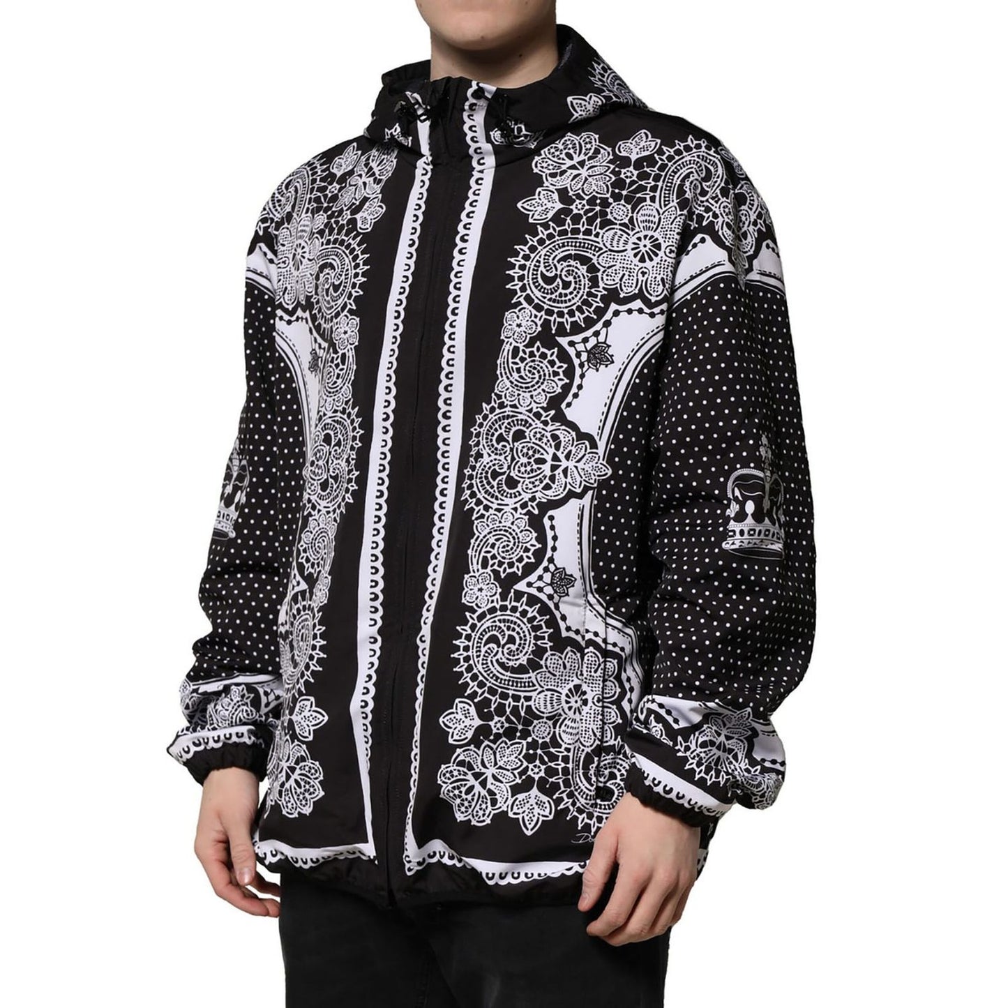 Dolce & Gabbana Black Bandana Print Hooded Bomber Jacket