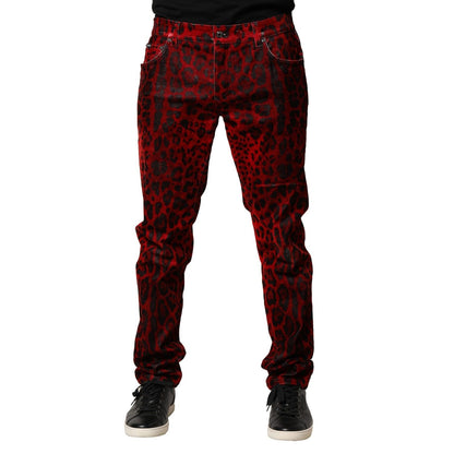 Dolce & Gabbana Red Leopard Print Cotton Skinny Denim Jeans