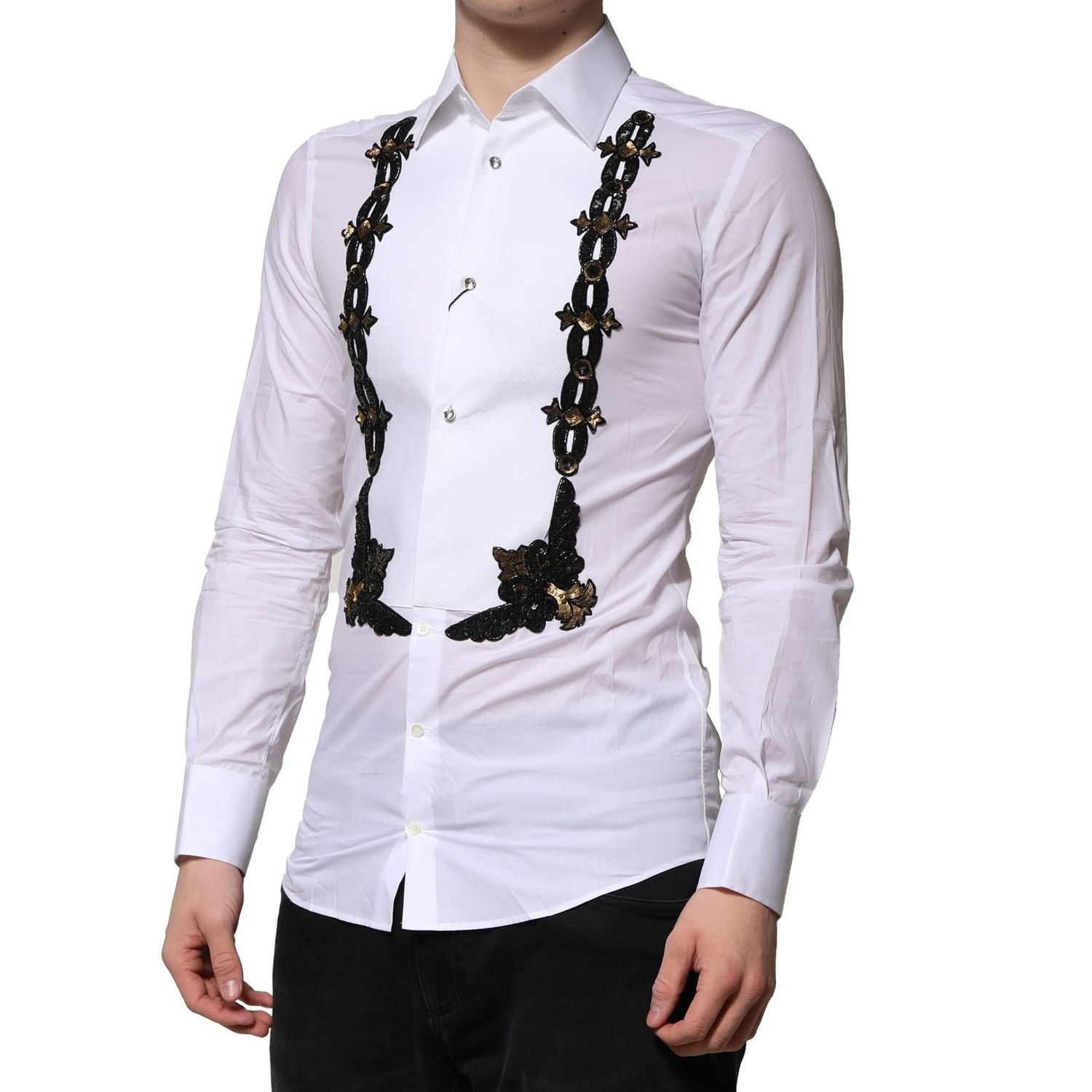 Dolce & Gabbana White GOLD Embellished Formal Men Dress Shirt