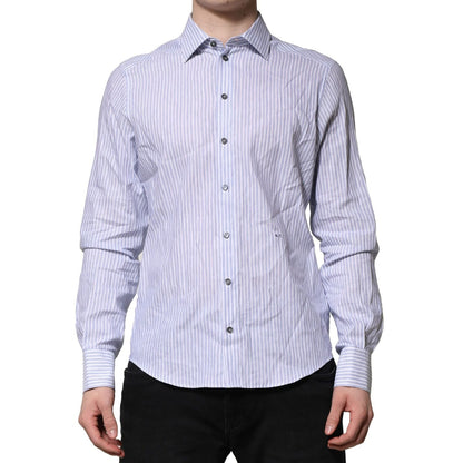 Dolce & Gabbana White Blue Striped Cotton Dress Formal Shirt