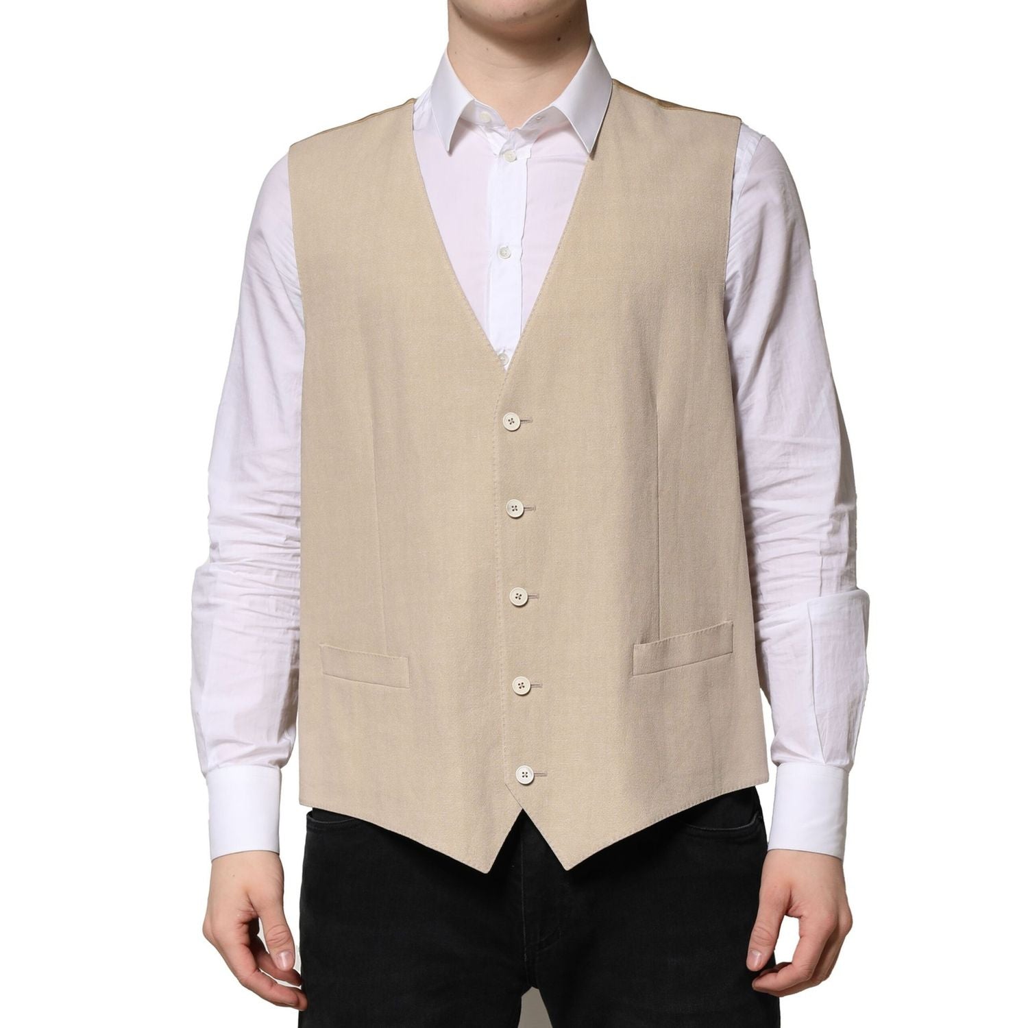 Dolce & Gabbana Beige Linen Dress Formal Men Waistcoat Vest