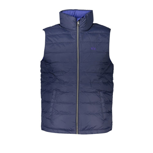 La Martina Blue Polyamide Men Jacket, stylish sleeveless design with pockets and exquisite embroidery, lightweight and robust at 100g.