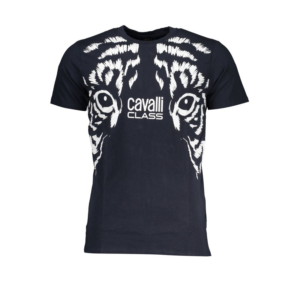 Cavalli Class Blue Cotton T-Shirt with short sleeves, crew neck, tiger print, and logo design.