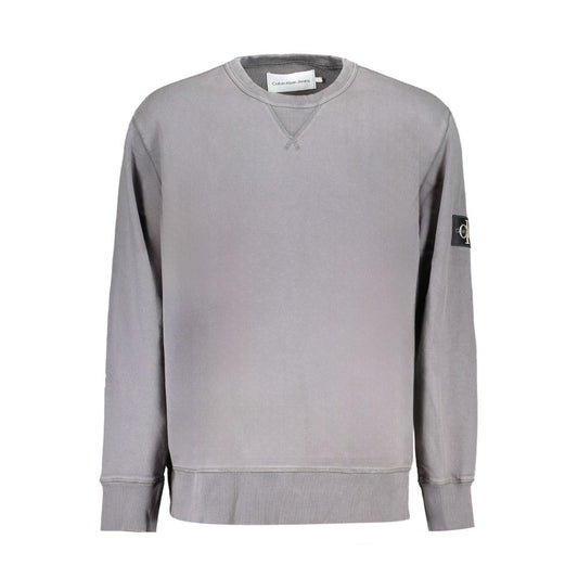 Calvin Klein Gray Cotton Men Sweater with crew neck and logo applique for casual upscale style.