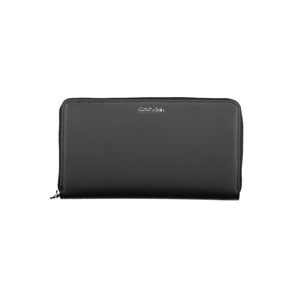 Calvin Klein Black Polyester Wallet with zip closure, RFID blocking, coin purse, 3 compartments, and logo in recycled material.