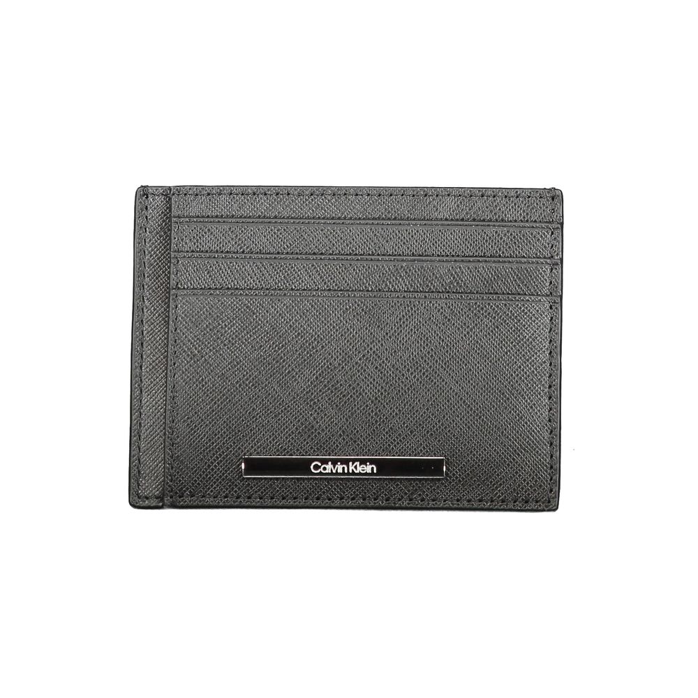 Calvin Klein Black Leather Wallet with card holder, central pocket, multiple compartments, contrast details, and logo
