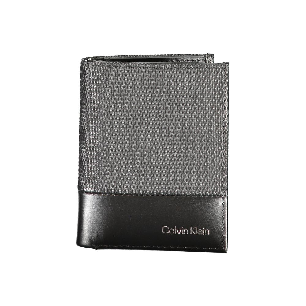 Calvin Klein Black Leather Wallet with coin purse, card spaces, RFID blocking, contrast details, and logo displayed.
