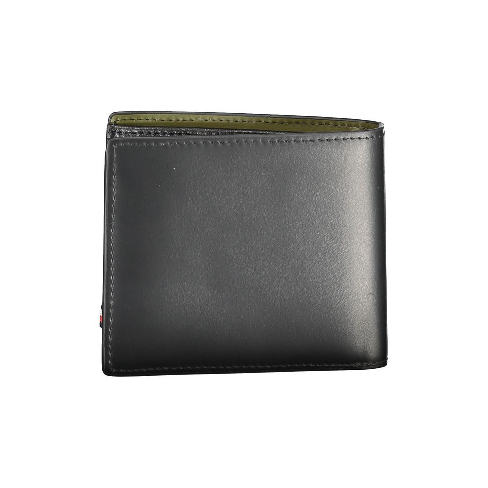 Tommy Hilfiger Black Leather Wallet with 2 compartments, coin purse, card slots, contrasting details, and logo print