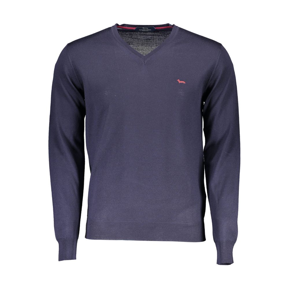 Harmont & Blaine Blue Wool Men Sweater with V-neck and long sleeves, crafted in Italy for timeless elegance and comfort.