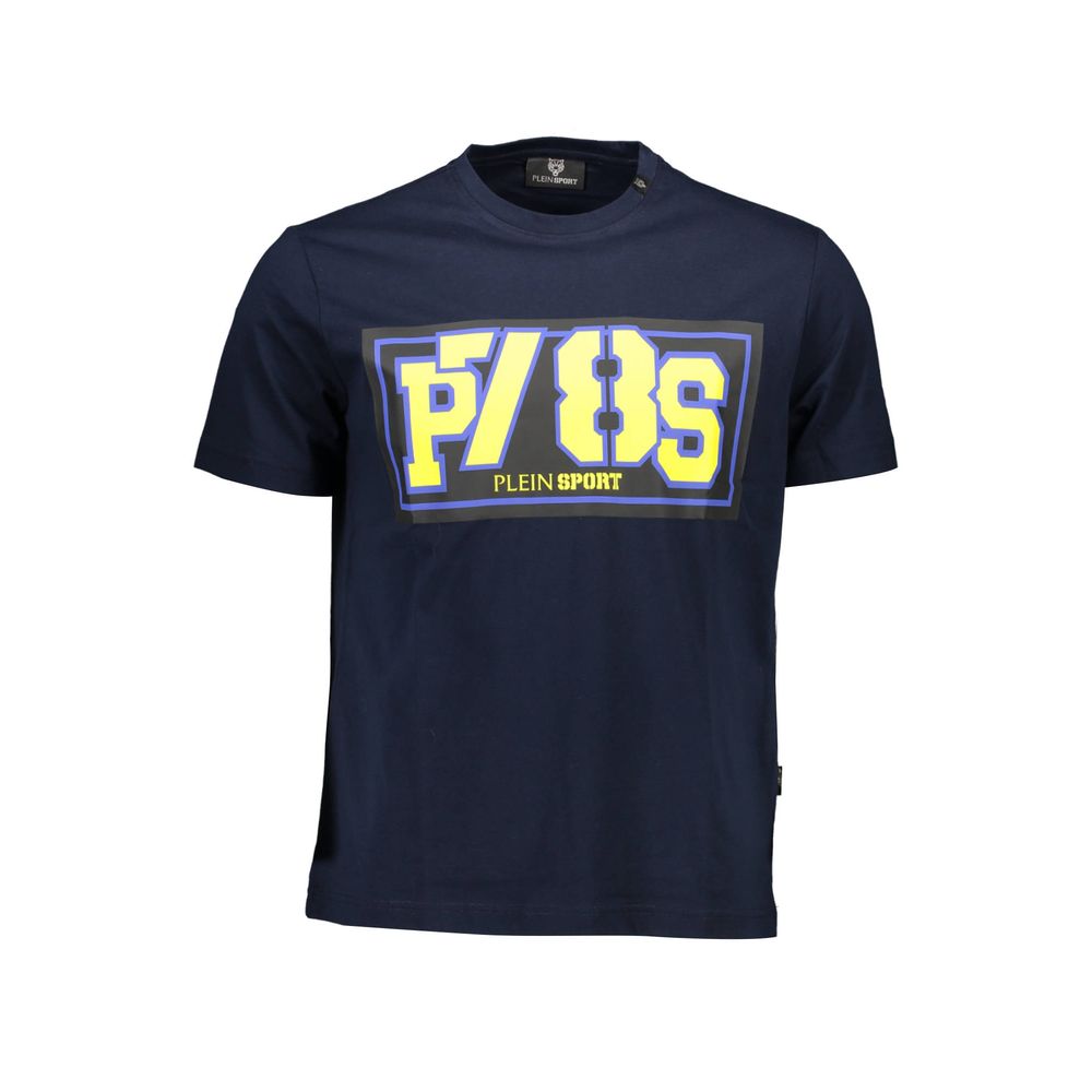 Plein Sport Blue Cotton Men T-Shirt with bold logo and contrasting details, showcasing a blend of fashion and sport style.