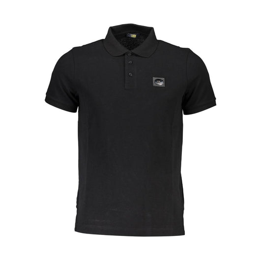Cavalli Class Black Cotton Men Polo Shirt with three-button placket and iconic logo.