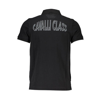 Cavalli Class Black Cotton Men Polo Shirt with bold back logo, short sleeves, and regular fit showcasing trendy and classic style.